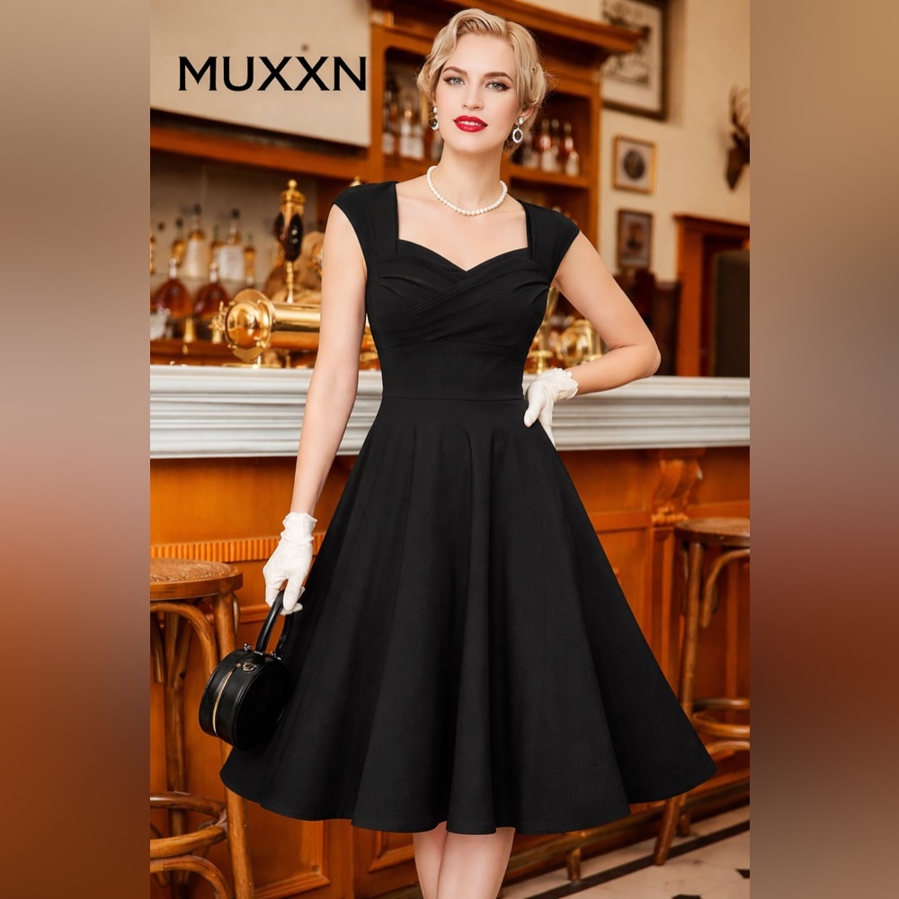 MUXXN Black 1950s Swing Dress Retro Pinup Audrey Hepburn  Party A Line Size S